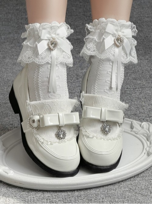 Nursery Rhyme Series Exquisite Bowknot Rhinestone Lace Decoration Japanese Style Loafers Sweet Lolita Platform Low Heel Leather Shoes