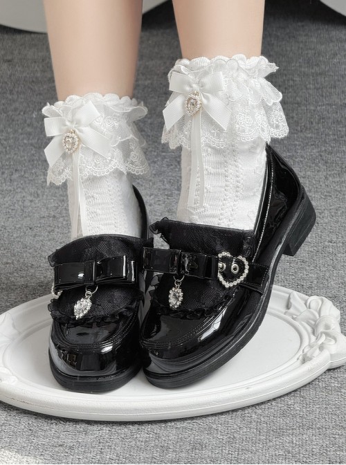 Nursery Rhyme Series Exquisite Bowknot Rhinestone Lace Decoration Japanese Style Loafers Sweet Lolita Platform Low Heel Leather Shoes