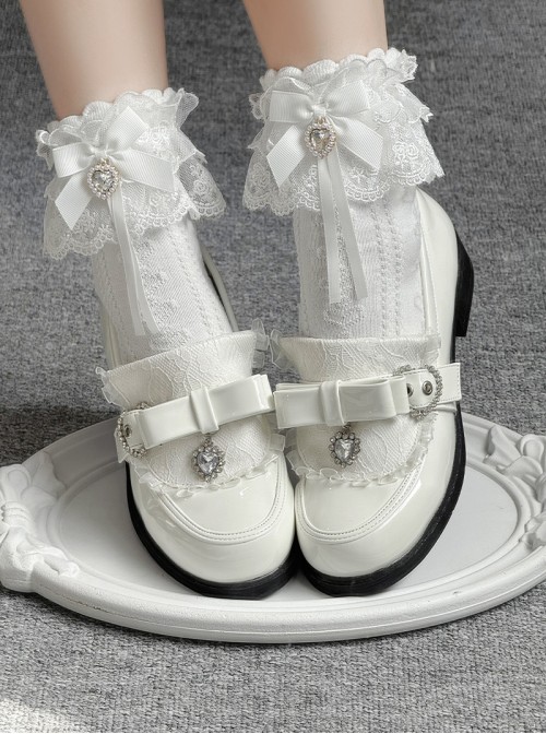 Nursery Rhyme Series Exquisite Bowknot Rhinestone Lace Decoration Japanese Style Loafers Sweet Lolita Platform Low Heel Leather Shoes