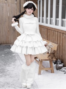 White Chocolate Series Pure White Christmas Winter Multi-Layer Hem Sweet Lolita Sleeveless Dress Bowknot Belt Headband Undershirt Leg Covers Set