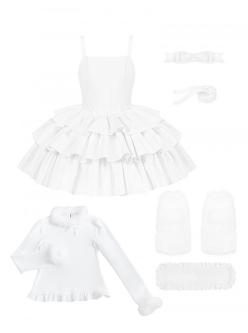 White Chocolate Series Pure White Christmas Winter Multi-Layer Hem Sweet Lolita Sleeveless Dress Bowknot Belt Headband Undershirt Leg Covers Set