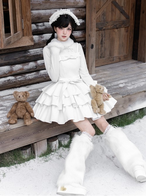 White Chocolate Series Pure White Christmas Winter Multi-Layer Hem Sweet Lolita Sleeveless Dress Bowknot Belt Headband Undershirt Leg Covers Set