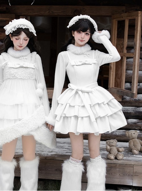White Chocolate Series Pure White Christmas Winter Multi-Layer Hem Sweet Lolita Sleeveless Dress Bowknot Belt Headband Undershirt Leg Covers Set