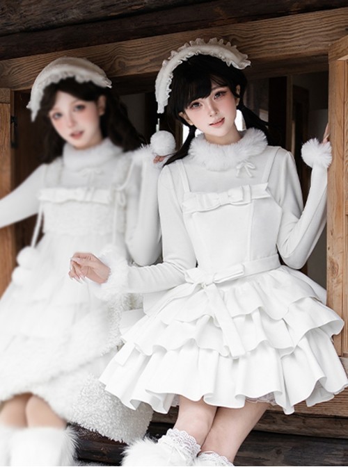 White Chocolate Series Pure White Christmas Winter Multi-Layer Hem Sweet Lolita Sleeveless Dress Bowknot Belt Headband Undershirt Leg Covers Set