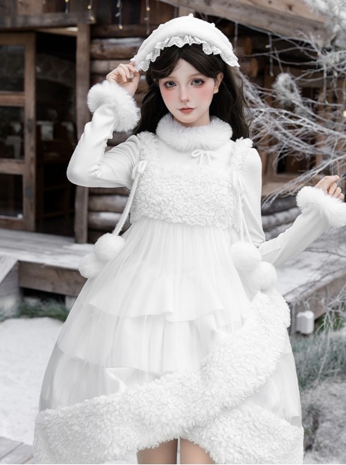 White Chocolate Series Christmas Winter Pure White Irregular Fluffy Plush Removable Pom Bowknot Decoration Sweet Lolita Overskirt