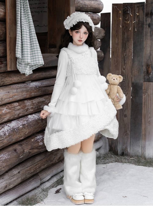 White Chocolate Series Christmas Winter Pure White Irregular Fluffy Plush Removable Pom Bowknot Decoration Sweet Lolita Overskirt