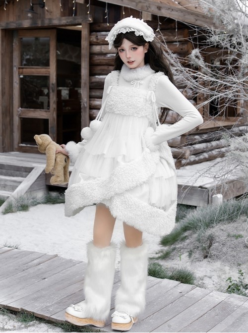 White Chocolate Series Christmas Winter Pure White Irregular Fluffy Plush Removable Pom Bowknot Decoration Sweet Lolita Overskirt