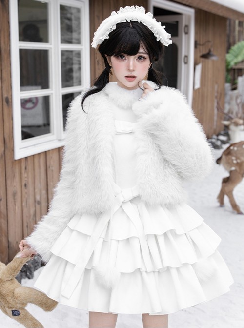 White Chocolate Series Elegant Noble Young Lady Christmas Winter Pure White Fluffy Plush Pom Decoration Sweet Lolita Coat