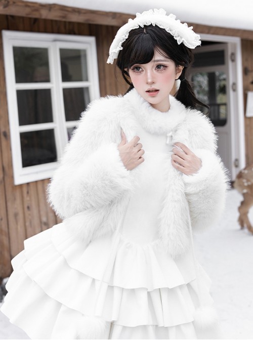 White Chocolate Series Elegant Noble Young Lady Christmas Winter Pure White Fluffy Plush Pom Decoration Sweet Lolita Coat