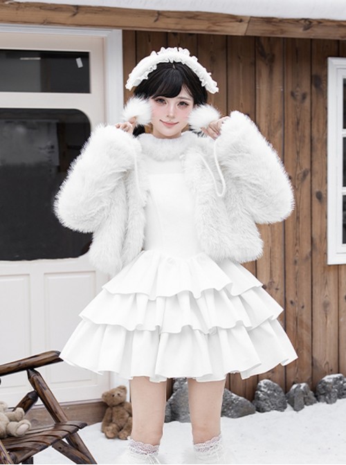 White Chocolate Series Elegant Noble Young Lady Christmas Winter Pure White Fluffy Plush Pom Decoration Sweet Lolita Coat