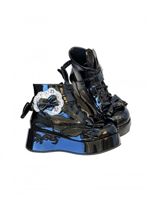 Rabbit Tail Series Cute Rabbit Ears Lace Bowknot Pom Decoration Tie Straps Sweet Lolita Platform Ankle Boots