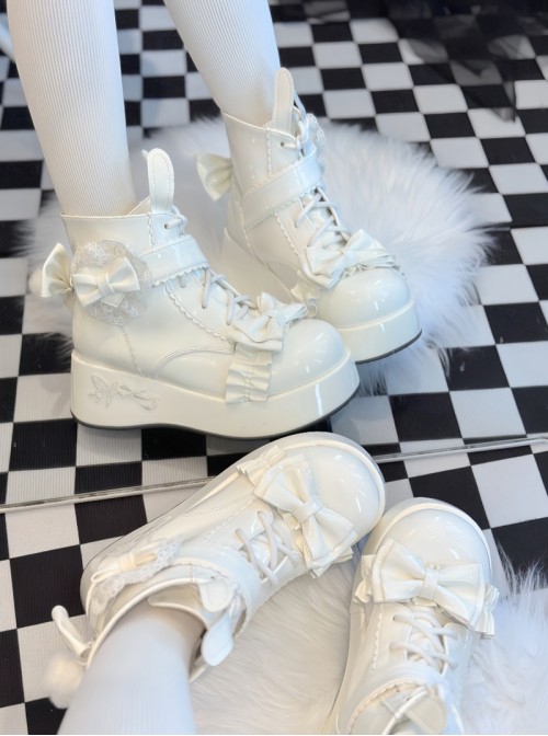 Rabbit Tail Series Cute Rabbit Ears Lace Bowknot Pom Decoration Tie Straps Sweet Lolita Platform Ankle Boots