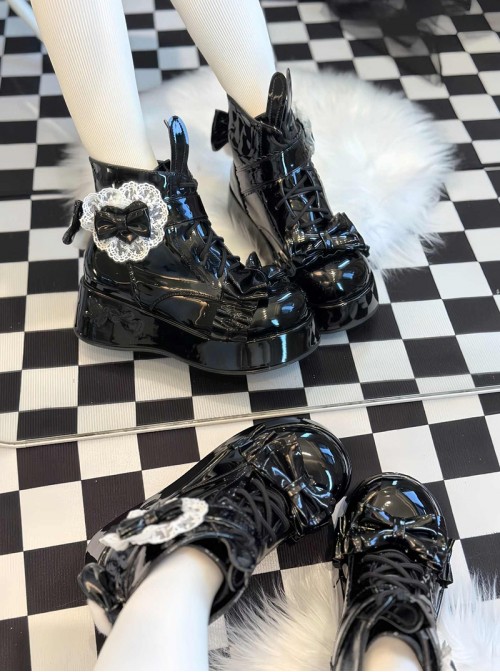 Rabbit Tail Series Cute Rabbit Ears Lace Bowknot Pom Decoration Tie Straps Sweet Lolita Platform Ankle Boots