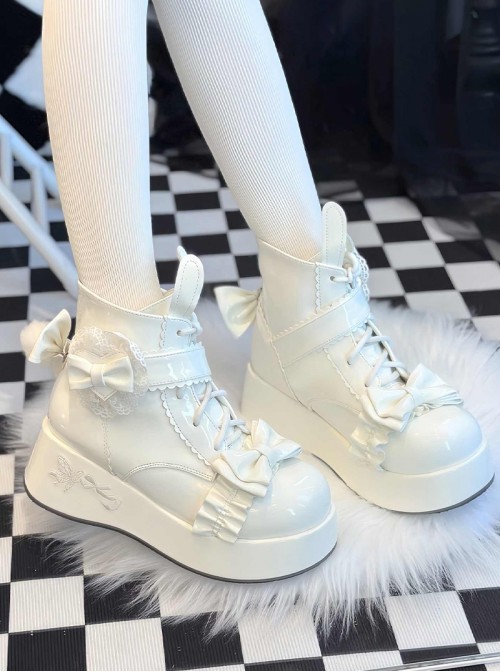 Rabbit Tail Series Cute Rabbit Ears Lace Bowknot Pom Decoration Tie Straps Sweet Lolita Platform Ankle Boots