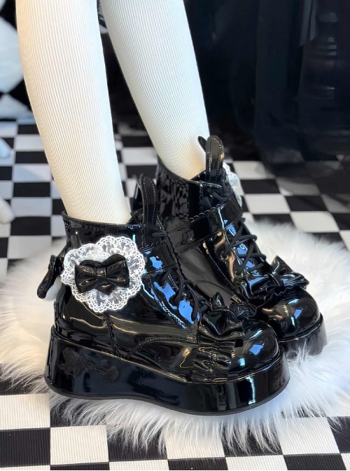 Rabbit Tail Series Cute Rabbit Ears Lace Bowknot Pom Decoration Tie Straps Sweet Lolita Platform Ankle Boots