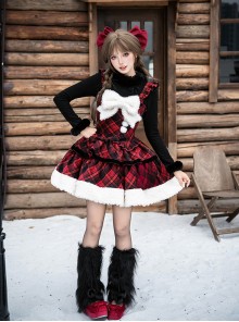 Snow Night Wish Series Red Black Plaid Christmas Winter Pom Decoration Fluffy Plush Sweet Lolita Sleeveless Dress Large Bowknot Brooch Set