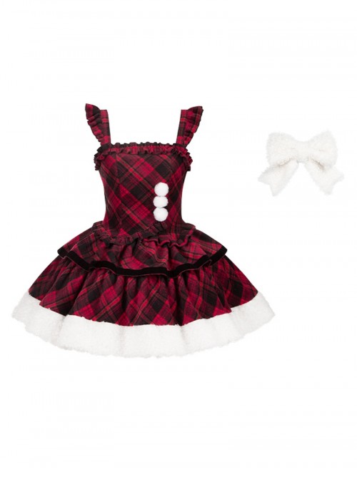 Snow Night Wish Series Red Black Plaid Christmas Winter Pom Decoration Fluffy Plush Sweet Lolita Sleeveless Dress Large Bowknot Brooch Set