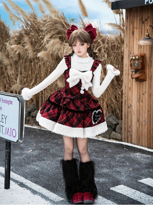 Snow Night Wish Series Red Black Plaid Christmas Winter Pom Decoration Fluffy Plush Sweet Lolita Sleeveless Dress Large Bowknot Brooch Set