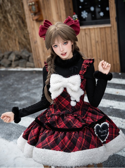 Snow Night Wish Series Red Black Plaid Christmas Winter Pom Decoration Fluffy Plush Sweet Lolita Sleeveless Dress Large Bowknot Brooch Set