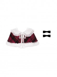 Snow Night Wish Series Cute Exquisite Winter Plaid Warm Lace Fluffy Plush Sweet Lolita Cape Bowknot Brooch Set