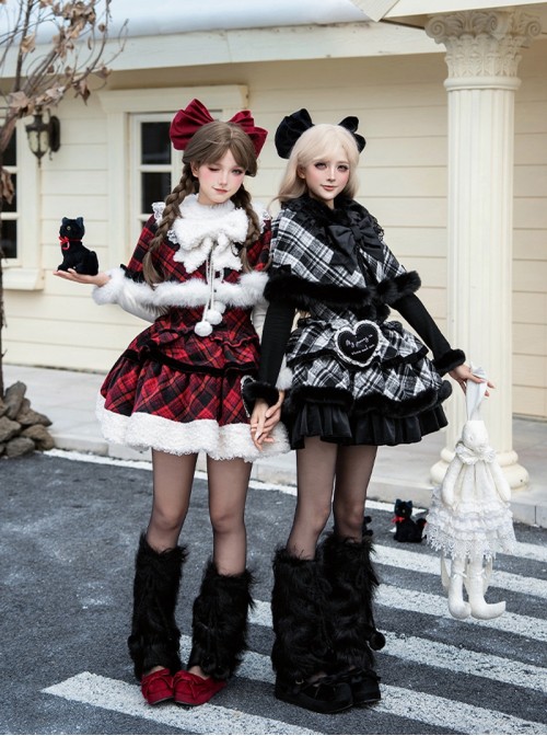 Snow Night Wish Series Cute Exquisite Winter Plaid Warm Lace Fluffy Plush Sweet Lolita Cape Bowknot Brooch Set
