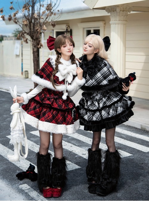 Snow Night Wish Series Cute Exquisite Winter Plaid Warm Lace Fluffy Plush Sweet Lolita Cape Bowknot Brooch Set