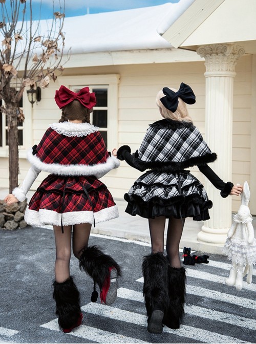 Snow Night Wish Series Cute Exquisite Winter Plaid Warm Lace Fluffy Plush Sweet Lolita Cape Bowknot Brooch Set