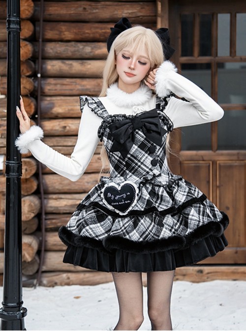 Snow Night Wish Series Christmas Retro Cool Black White Plaid Pom Decoration Fluffy Plush Sweet Lolita Sleeveless Dress Large Bowknot Brooch Set
