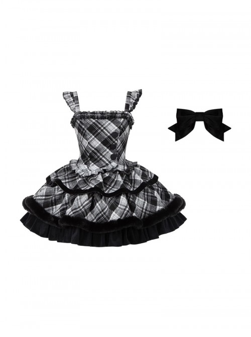 Snow Night Wish Series Christmas Retro Cool Black White Plaid Pom Decoration Fluffy Plush Sweet Lolita Sleeveless Dress Large Bowknot Brooch Set