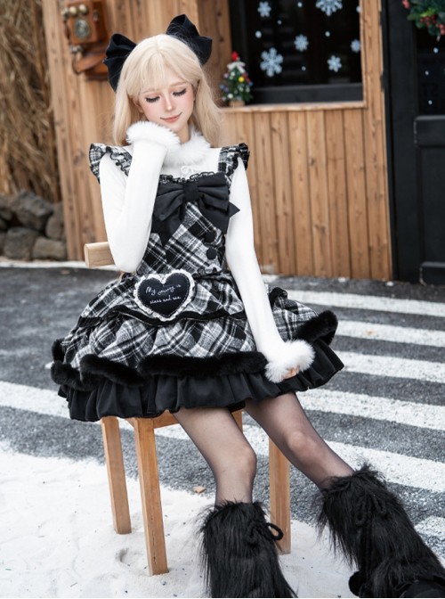 Snow Night Wish Series Christmas Retro Cool Black White Plaid Pom Decoration Fluffy Plush Sweet Lolita Sleeveless Dress Large Bowknot Brooch Set