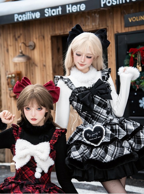 Snow Night Wish Series Christmas Retro Cool Black White Plaid Pom Decoration Fluffy Plush Sweet Lolita Sleeveless Dress Large Bowknot Brooch Set