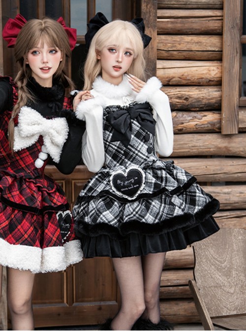 Snow Night Wish Series Christmas Retro Cool Black White Plaid Pom Decoration Fluffy Plush Sweet Lolita Sleeveless Dress Large Bowknot Brooch Set