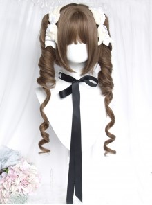 Oil Painting Style Series Retro Linen Brown Cute Girl Sweet Lolita Roman Curls Twin Ponytail Short Hair Wig