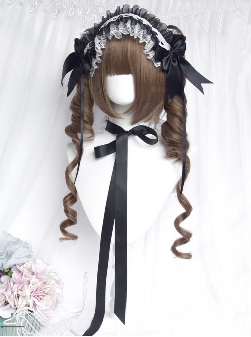 Oil Painting Style Series Retro Linen Brown Cute Girl Sweet Lolita Roman Curls Twin Ponytail Short Hair Wig