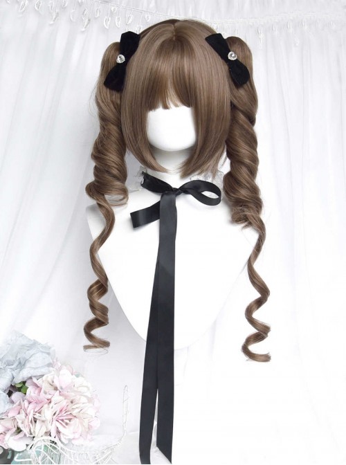 Oil Painting Style Series Retro Linen Brown Cute Girl Sweet Lolita Roman Curls Twin Ponytail Short Hair Wig