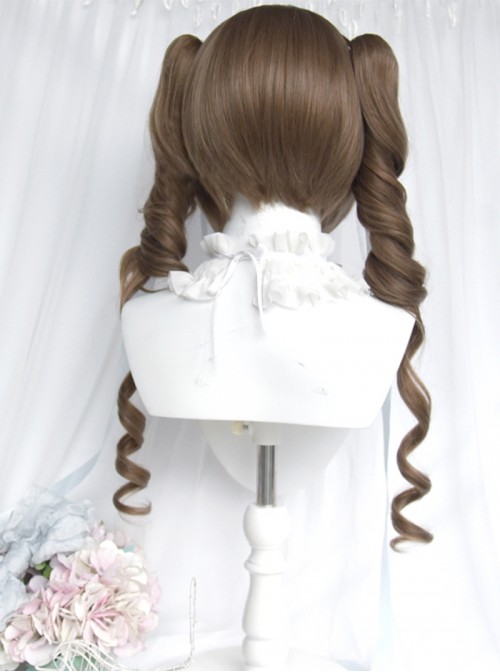 Oil Painting Style Series Retro Linen Brown Cute Girl Sweet Lolita Roman Curls Twin Ponytail Short Hair Wig