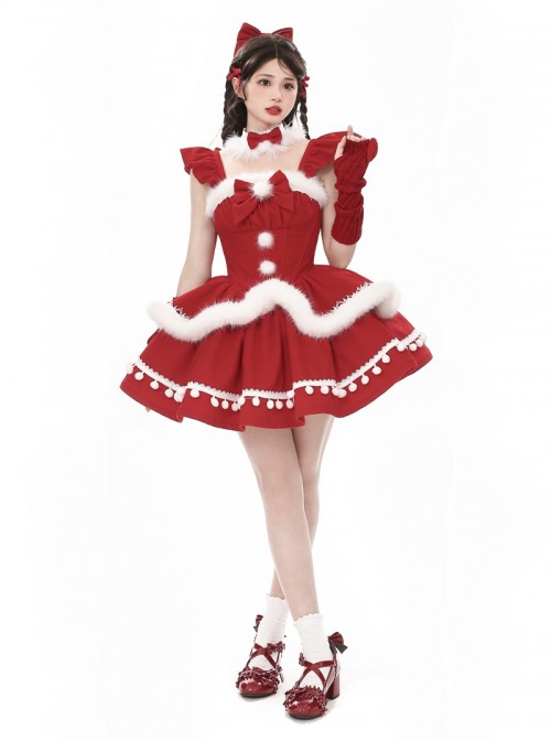 Little Wish Series Red Christmas Princess Bowknot Lace White Pom Pom Decoration Ruffle Sweet Lolita Sleeveless Dress
