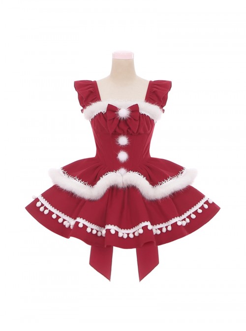 Little Wish Series Red Christmas Princess Bowknot Lace White Pom Pom Decoration Ruffle Sweet Lolita Sleeveless Dress