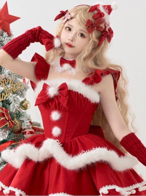 Little Wish Series Red Christmas Princess Bowknot Lace White Pom Pom Decoration Ruffle Sweet Lolita Sleeveless Dress