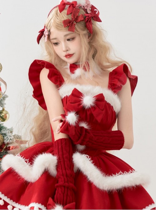 Little Wish Series Red Christmas Princess Bowknot Lace White Pom Pom Decoration Ruffle Sweet Lolita Sleeveless Dress