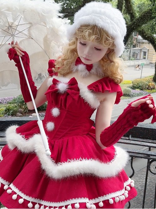 Little Wish Series Red Christmas Princess Bowknot Lace White Pom Pom Decoration Ruffle Sweet Lolita Sleeveless Dress