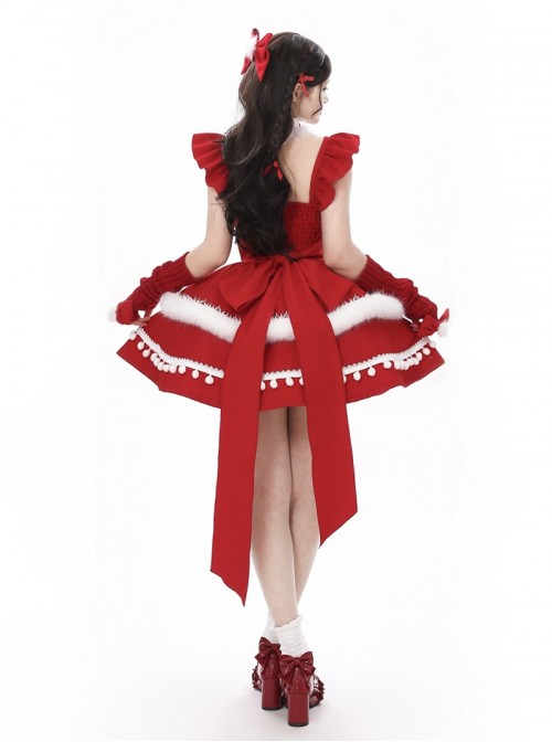 Little Wish Series Red Christmas Princess Bowknot Lace White Pom Pom Decoration Ruffle Sweet Lolita Sleeveless Dress