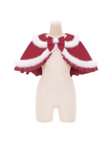 Little Wish Series Christmas Princess Red Bowknot Fluffy White Pom Pom Decoration Sweet Lolita Short Cape