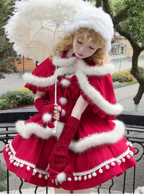 Little Wish Series Christmas Princess Red Bowknot Fluffy White Pom Pom Decoration Sweet Lolita Short Cape