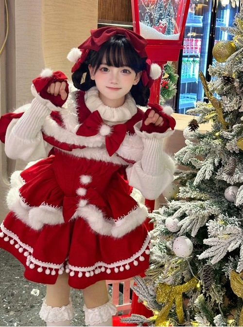 Little Wish Series Christmas Princess Red Bowknot Fluffy White Pom Pom Decoration Sweet Lolita Short Cape