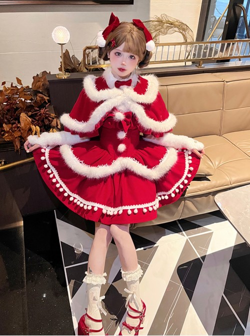 Little Wish Series Christmas Princess Red Bowknot Fluffy White Pom Pom Decoration Sweet Lolita Short Cape