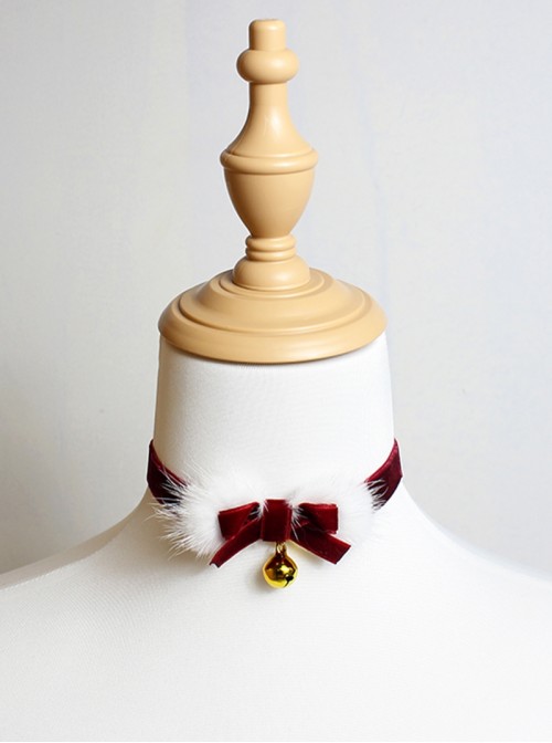 Christmas All Match Red Velvet Mink Plush Golden Bells Bowknot Decoration Sweet Lolita Necklac Choker
