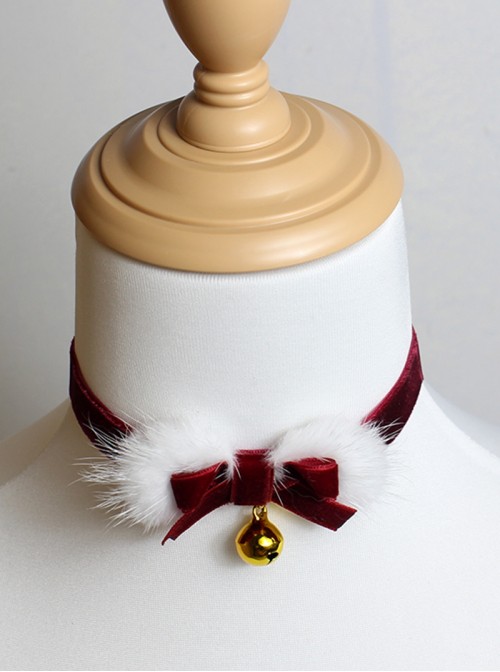 Christmas All Match Red Velvet Mink Plush Golden Bells Bowknot Decoration Sweet Lolita Necklac Choker
