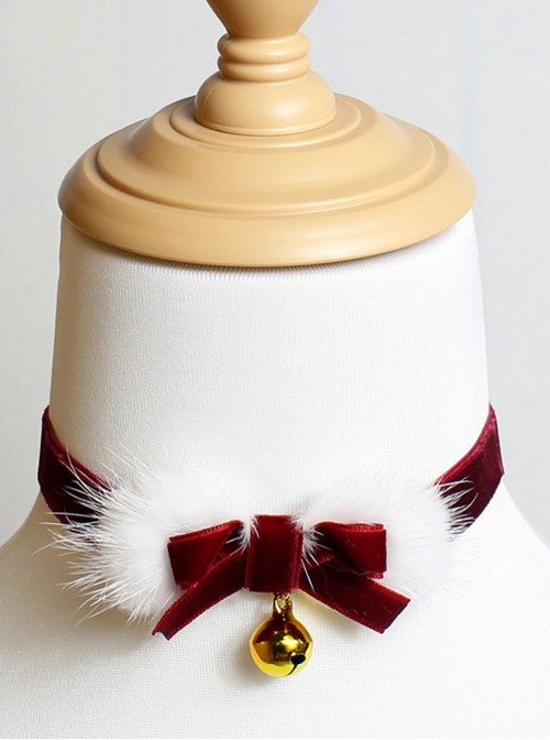 Christmas All Match Red Velvet Mink Plush Golden Bells Bowknot Decoration Sweet Lolita Necklac Choker