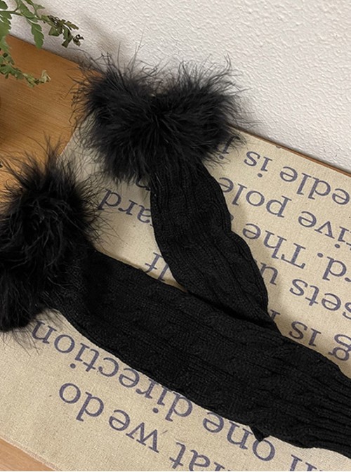 Millennial Y2K Spice Subculture Fluffy White Feather Trim Warm Cable Sweet Lolita Knit Sleeves